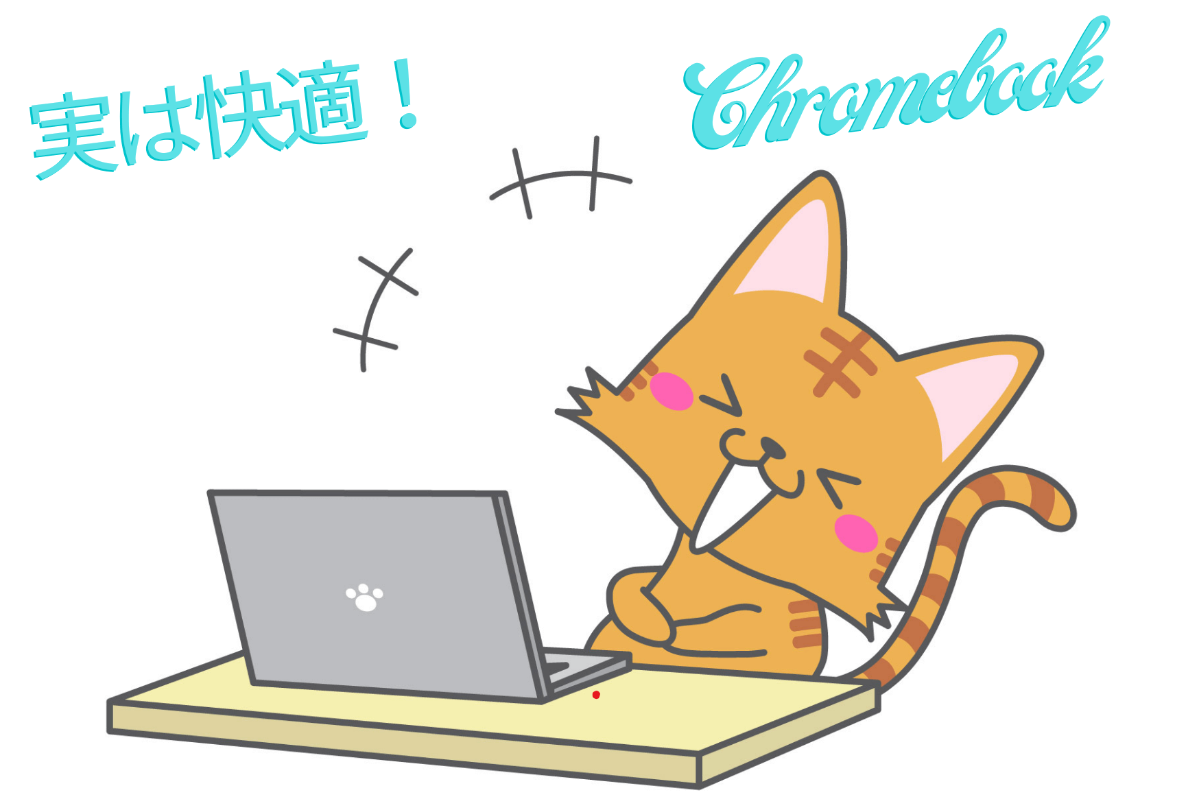 Chromebookを使って笑っている猫