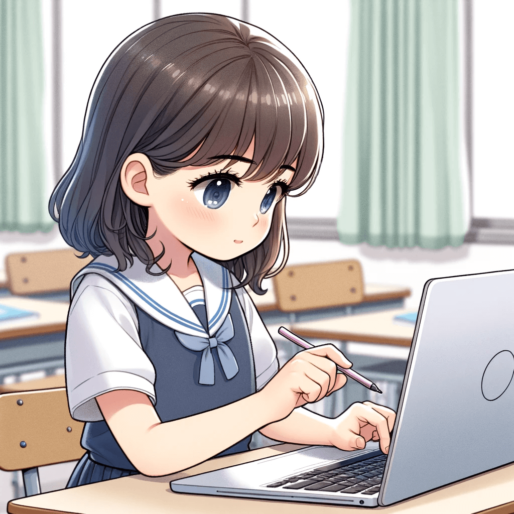 スタイラスペンで画面を軽くタップしている女の子。