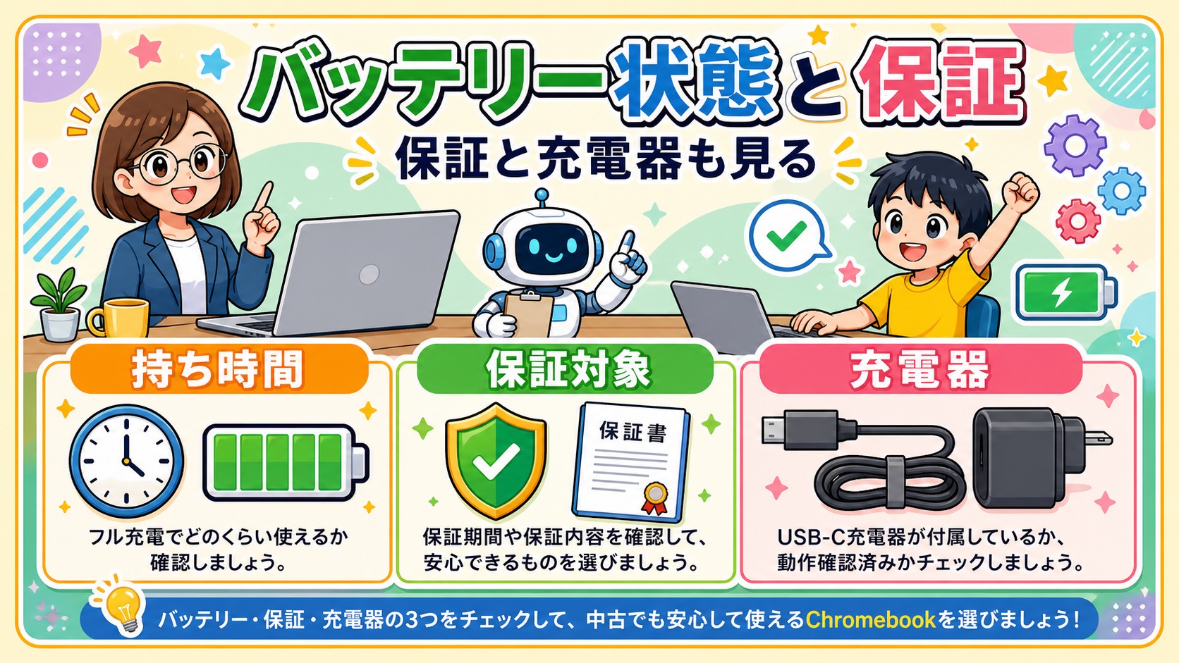 中古Chromebookのバッテリー状態と充電器を確認するポイントを説明する画像