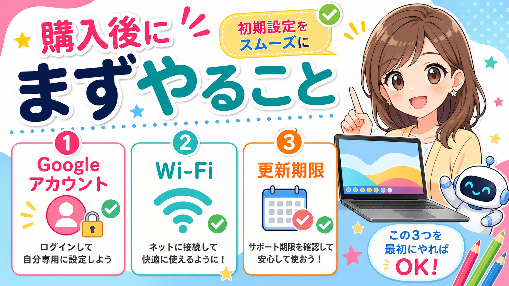 Chromebook購入後にまずやることを説明するイラスト