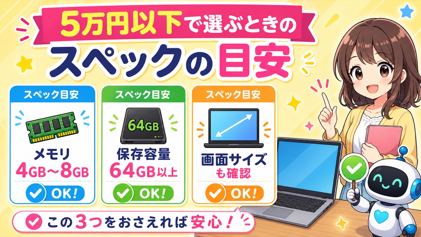 5万円以下のChromebook風ノートPCでおすすめしたいメモリや保存容量の目安をまとめた画像