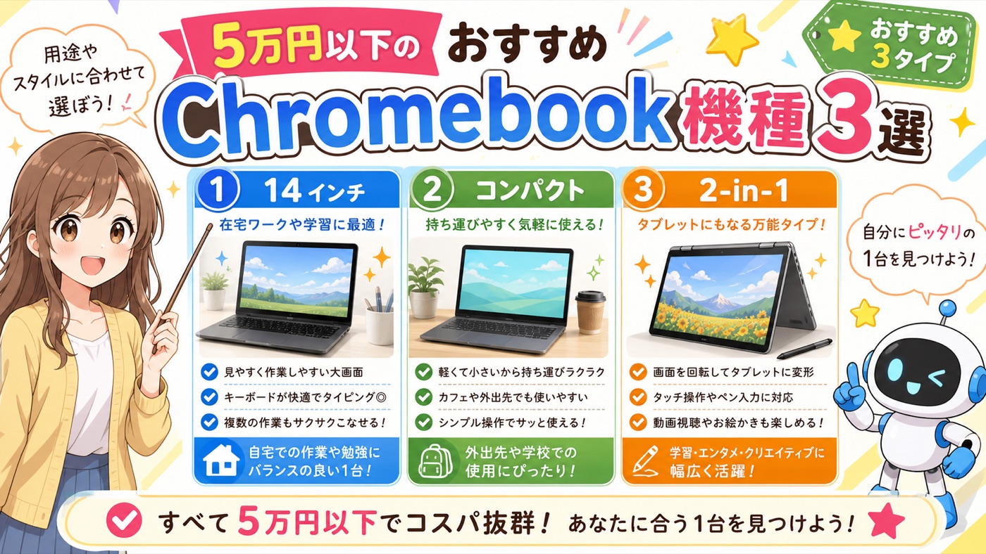 5万円以下で検討しやすいChromebook風ノートPCのおすすめタイプ3選を比較する画像