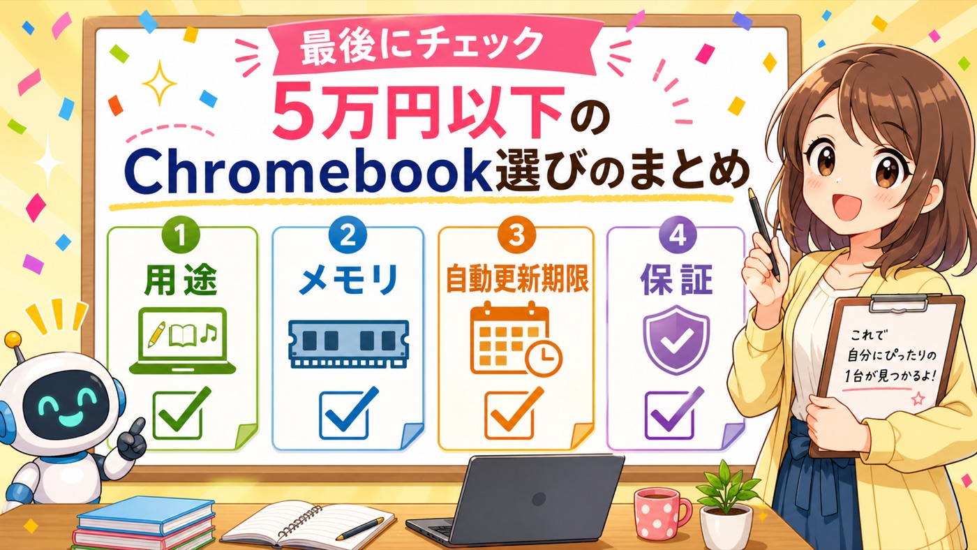 5万円以下のChromebook風ノートPC選びで最後に確認したいポイントをまとめた画像