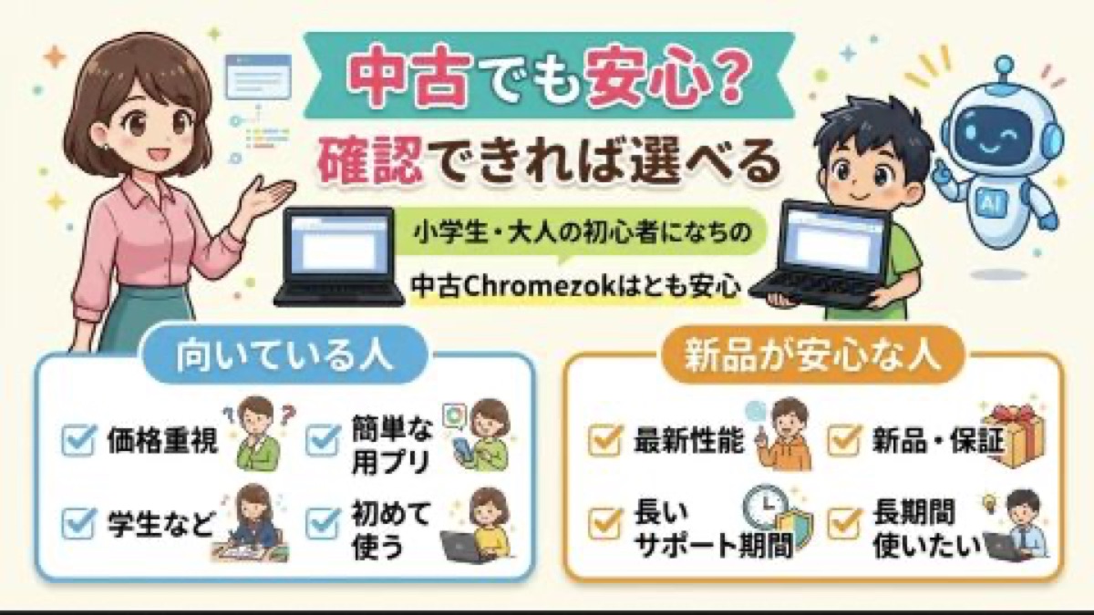 中古Chromebookは確認ポイントを押さえれば安心して選べることを説明する画像