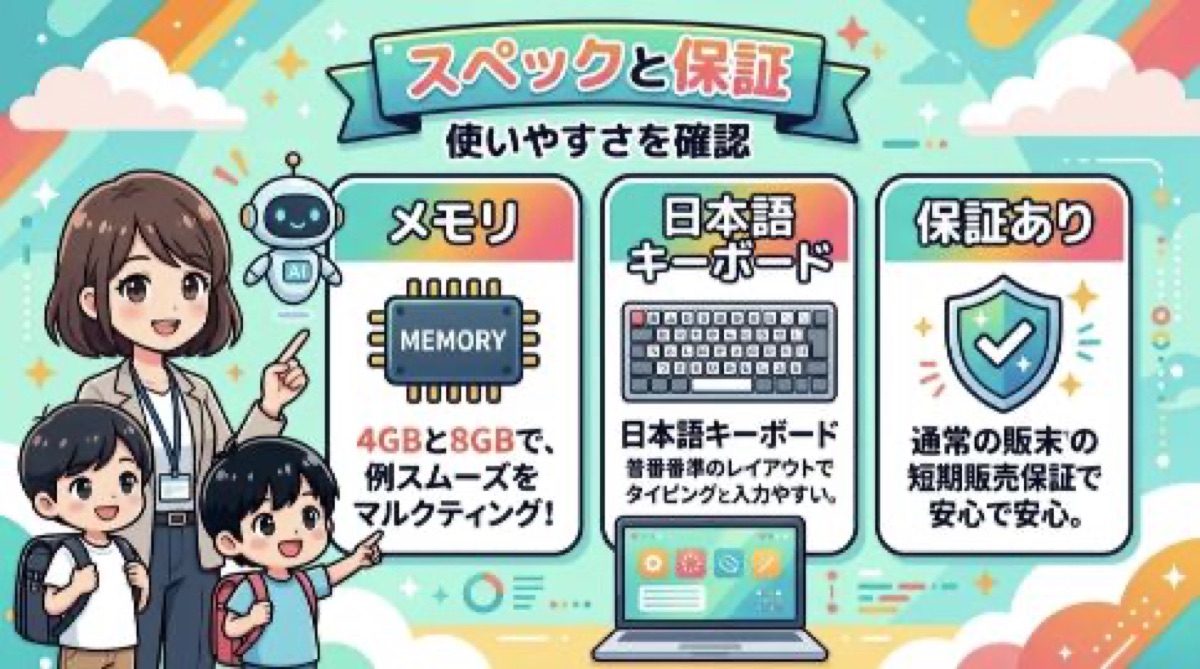 中古Chromebookのメモリ日本語キーボード保証を確認するポイントを説明する画像