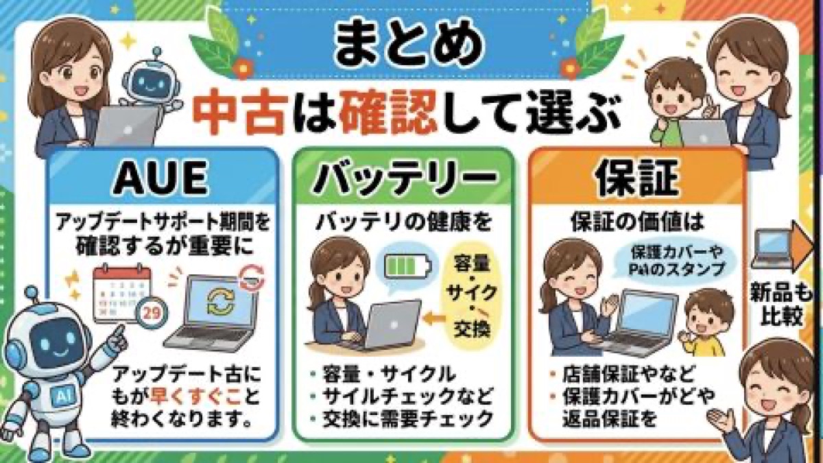 中古ChromebookはAUEバッテリー保証を確認して選ぶというまとめ画像