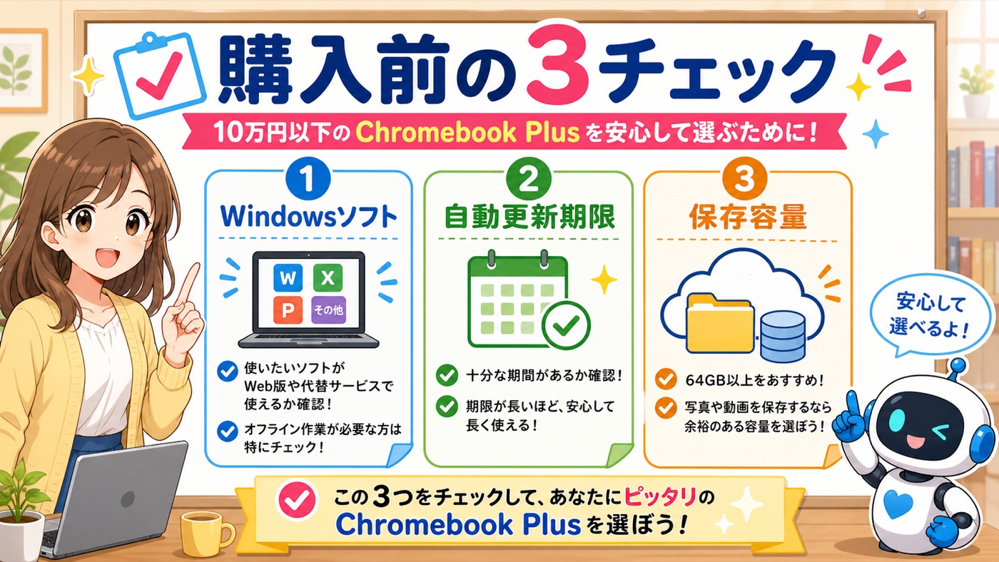 10万円以下のChromebook PlusがブログやAI活用に向いている理由を説明する画像