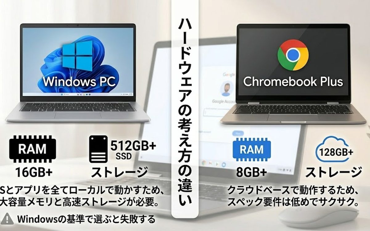 ハードウェアの考え方の違い WindowsとChromebook Plus