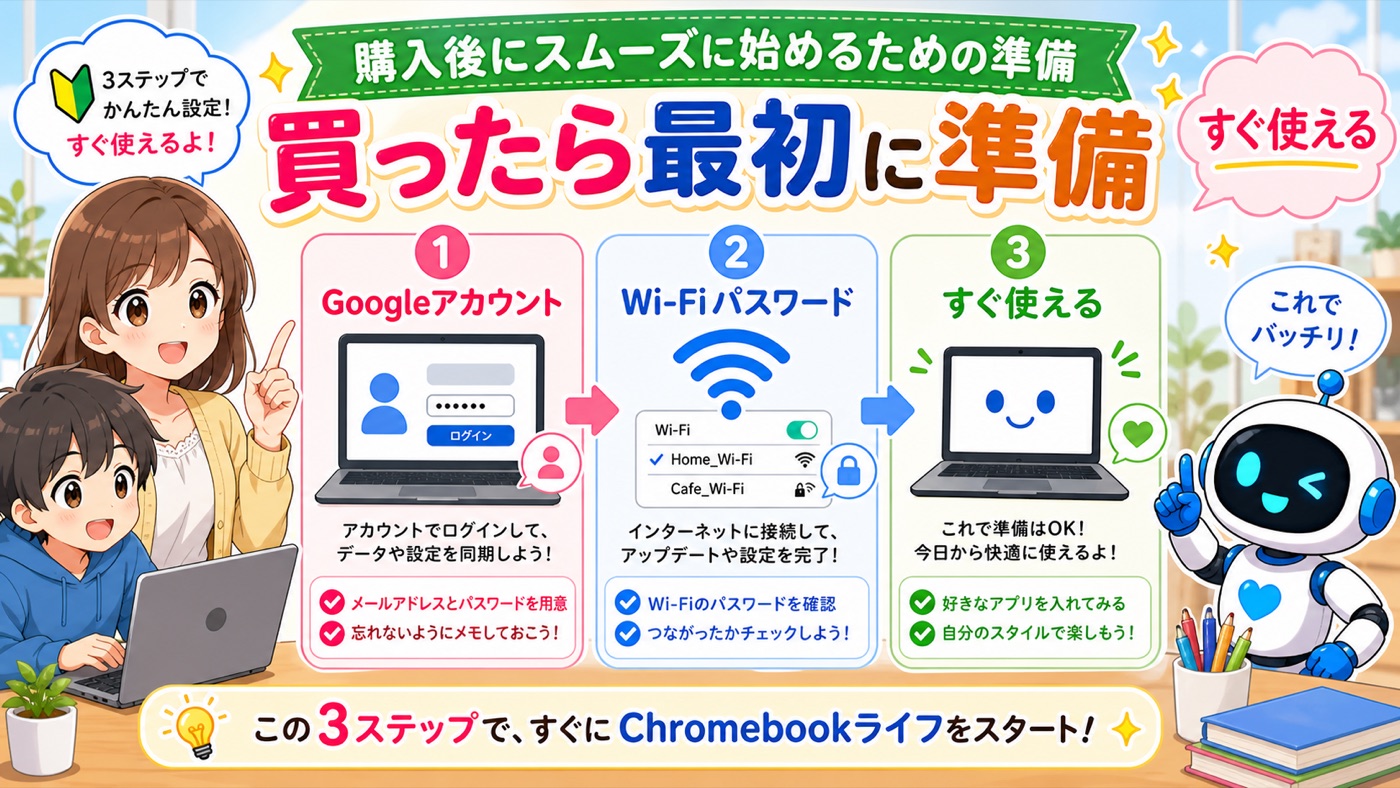 Chromebook購入前に確認したいAUEと販売元の2つのポイントをまとめた画像