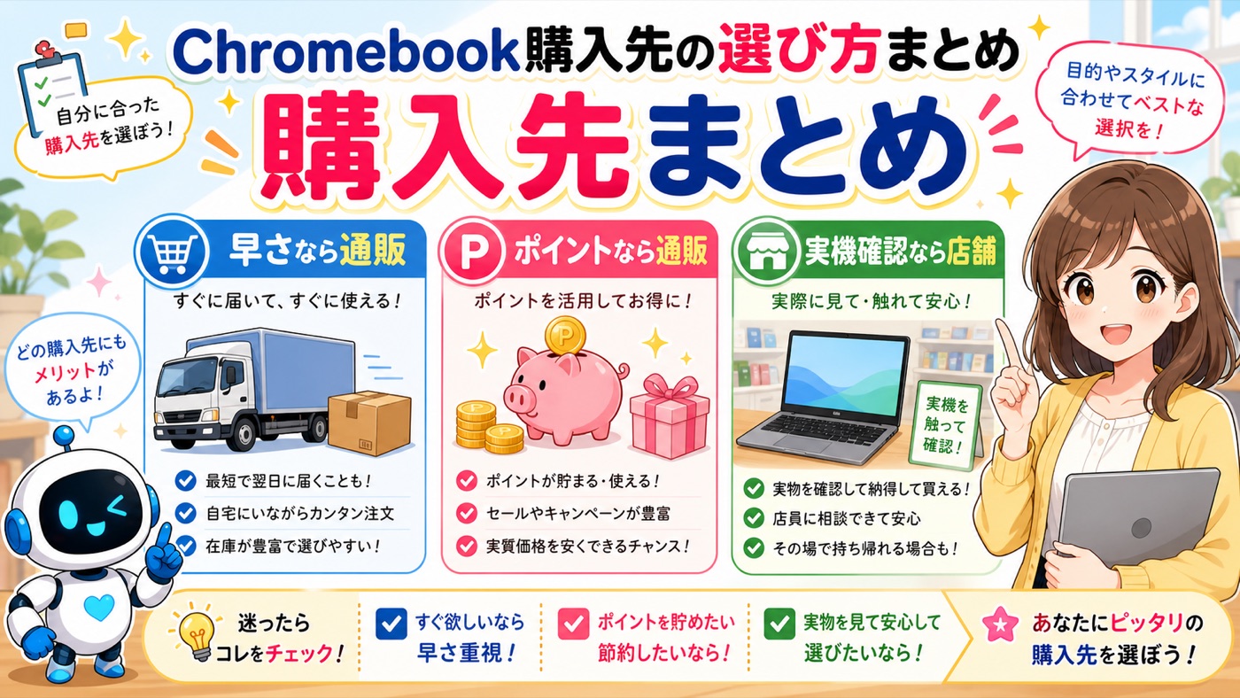 Chromebook購入後にGoogleアカウントとWi-Fiを準備する流れを説明する画像