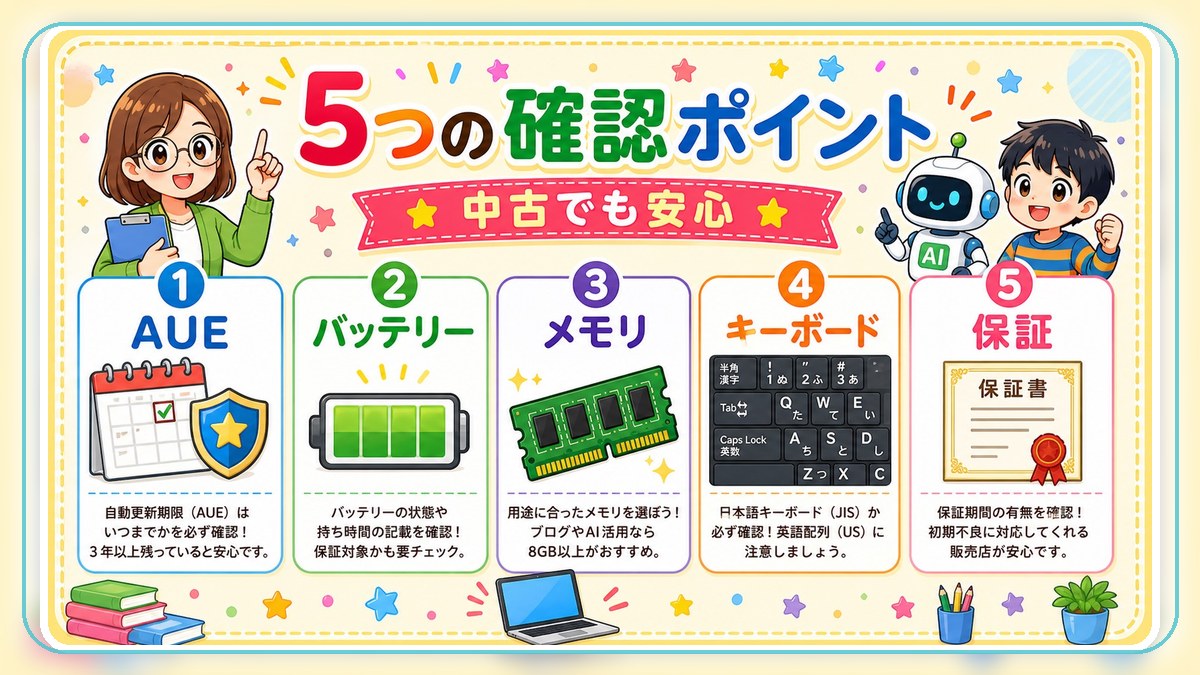中古Chromebook購入前に確認したいAUE、バッテリー、メモリ、キーボード、保証のチェックリスト