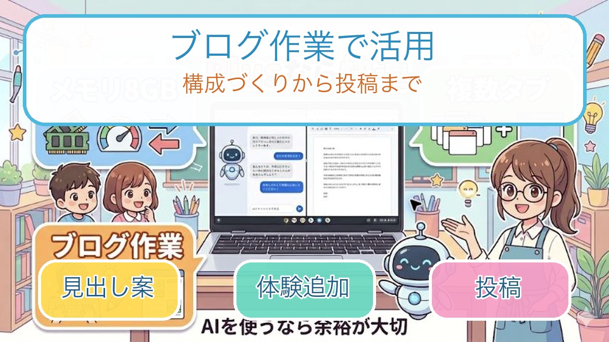Chromebook PlusのAI機能をブログ作業に活用する流れを説明するインフォグラフィック
