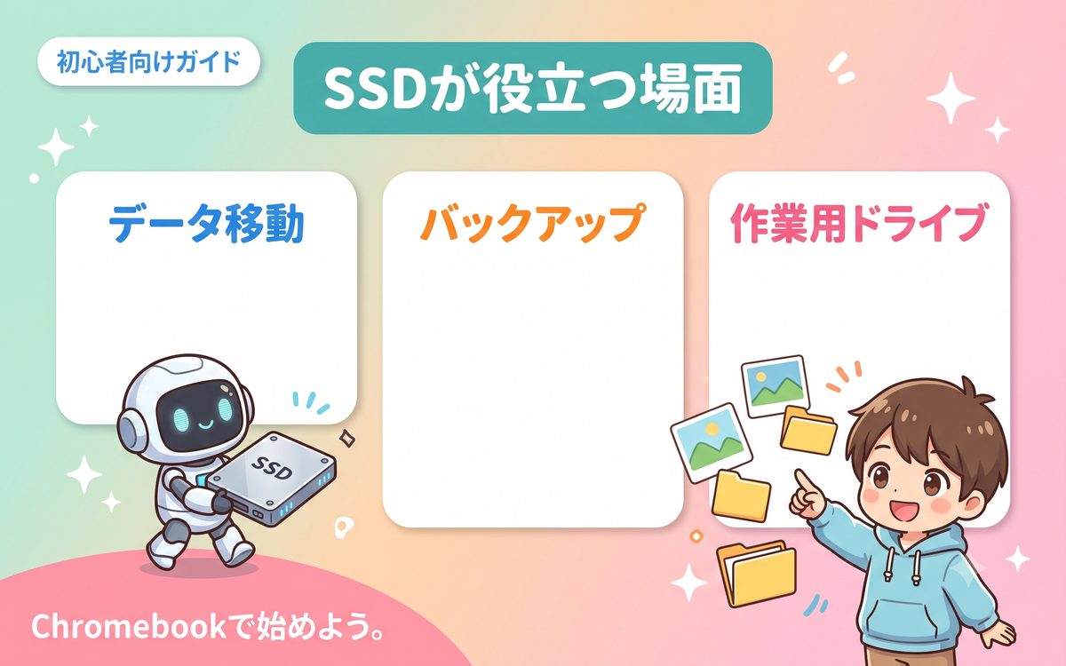 外付けSSDが役立つ場面を示すインフォグラフィック