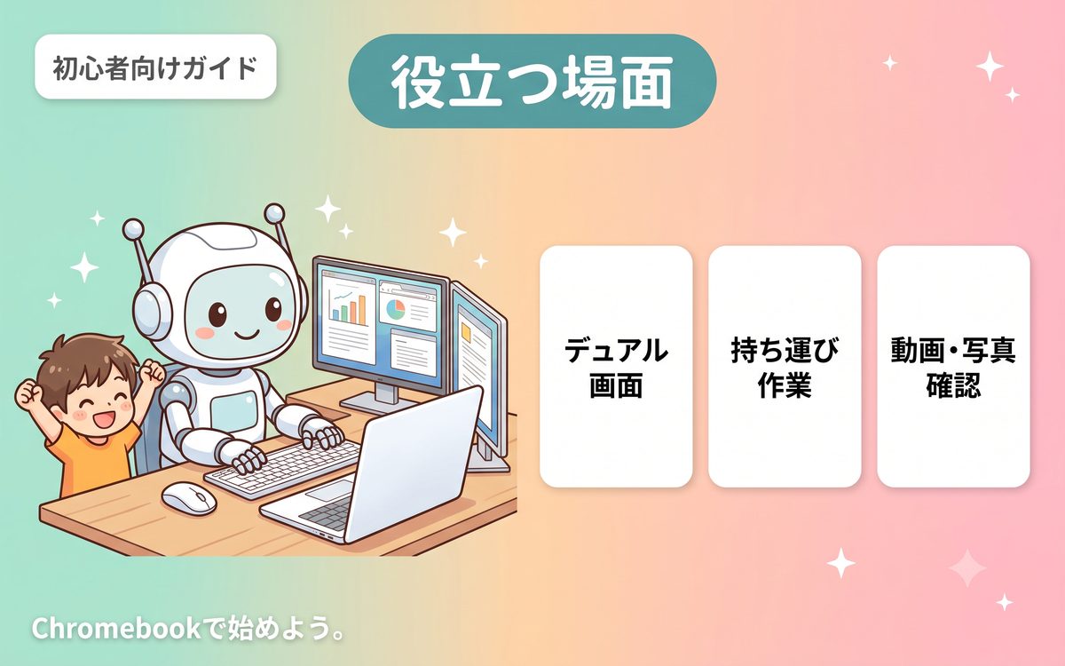 モバイルモニターが役立つ場面を示すインフォグラフィック