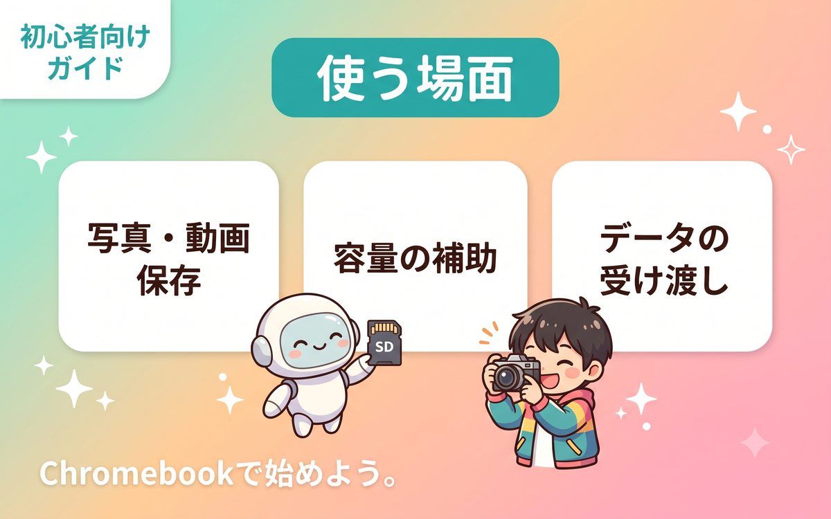 SDカードでできることと使う場面を示すインフォグラフィック