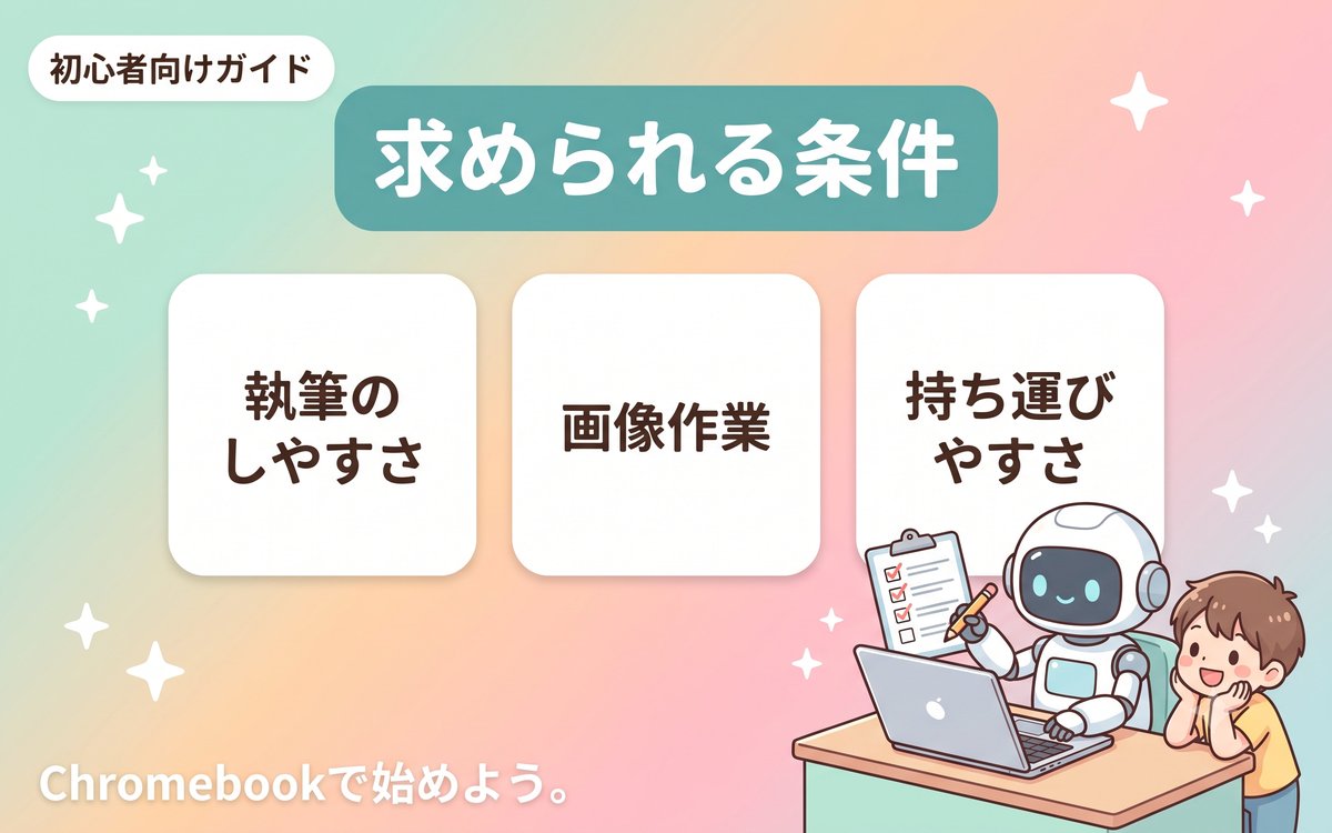 ブログ用パソコンに求められる条件を示すインフォグラフィック
