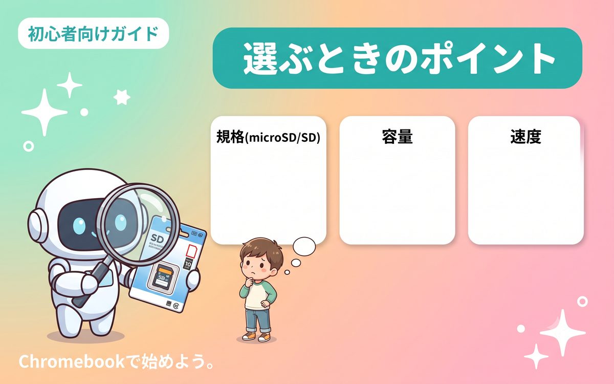 SDカードを選ぶときの確認ポイントを示すインフォグラフィック