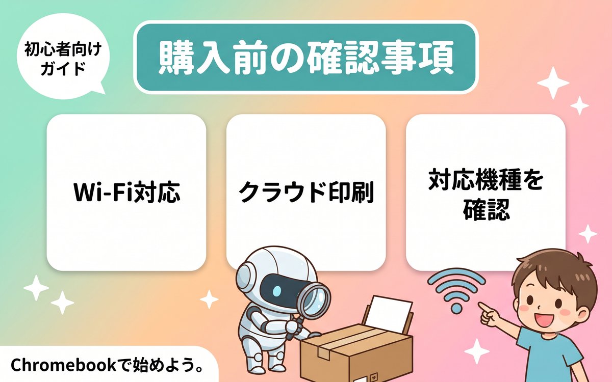 Chromebook対応プリンターを選ぶ前に確認することを示すインフォグラフィック