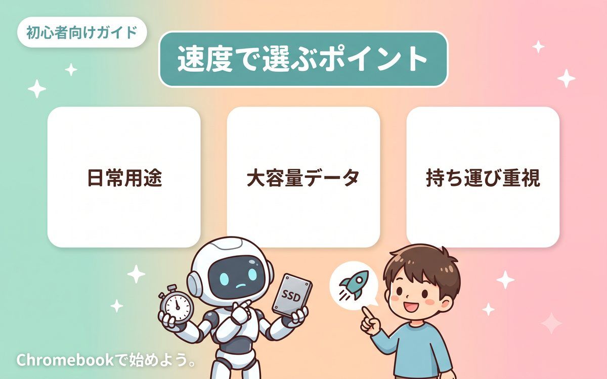 外付けSSDの接続方式と速度で選ぶポイントを示すインフォグラフィック