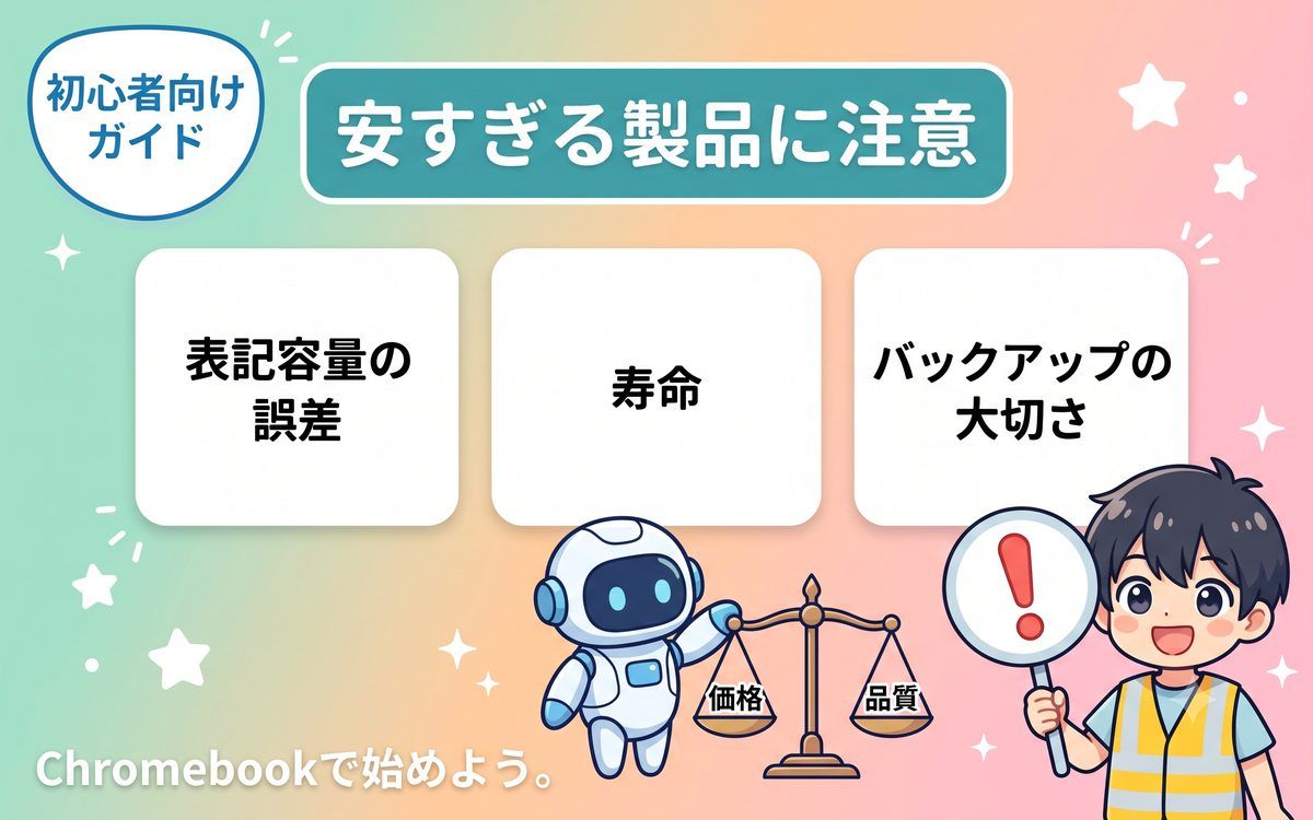 安すぎるSDカードの注意点を示すインフォグラフィック