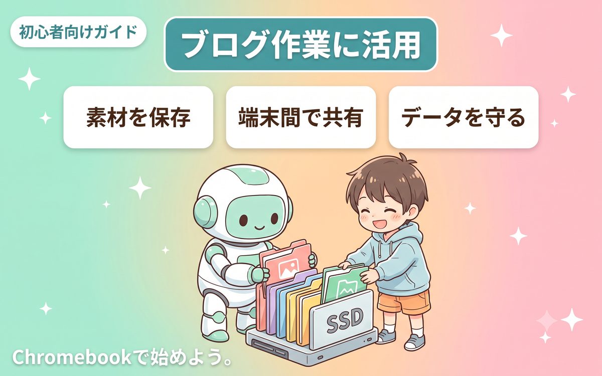 ブログ作業で役立つ外付けSSDの活用シーンを示すインフォグラフィック