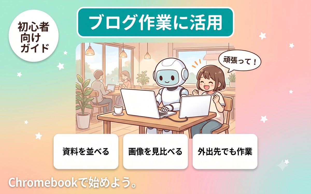 ブログ作業で役立つモバイルモニターの活用シーンを示すインフォグラフィック