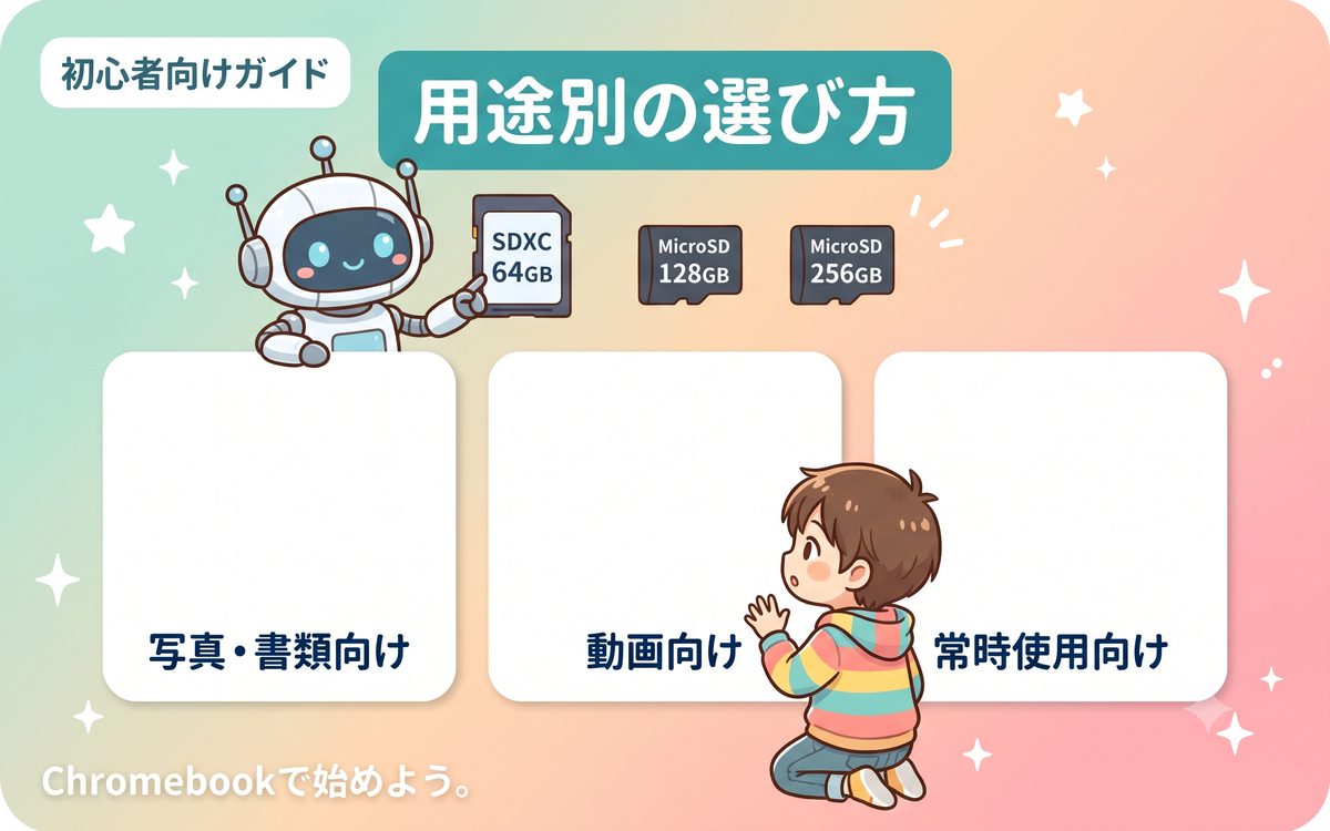 用途別のおすすめSDカードタイプを示すインフォグラフィック