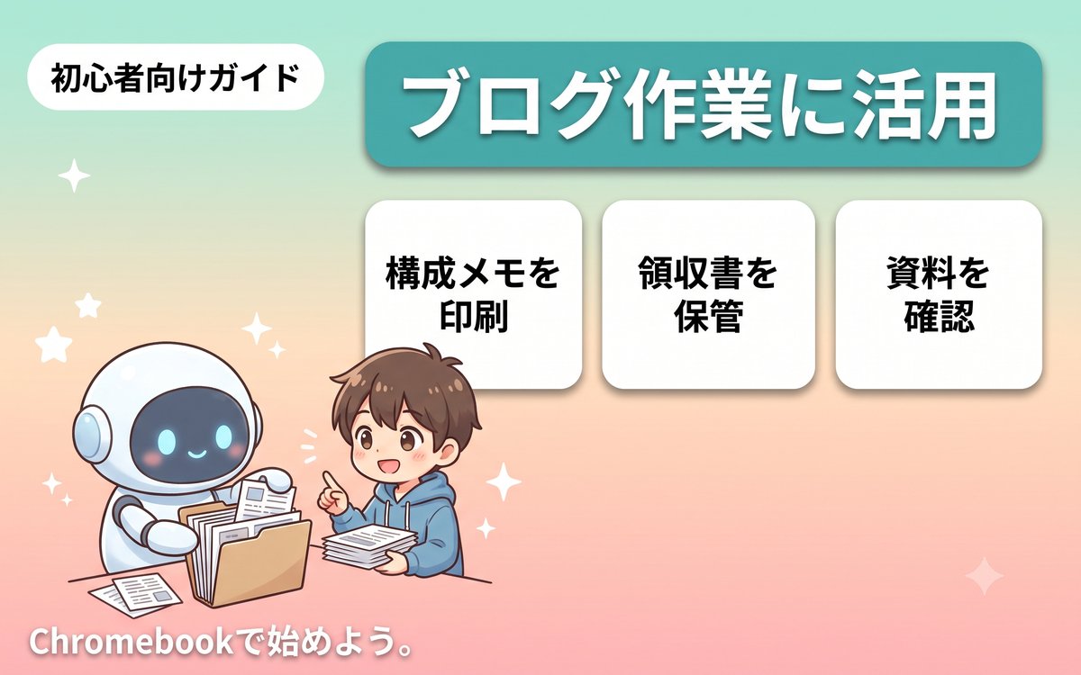 ブログ作業で役立つプリンターの活用シーンを示すインフォグラフィック