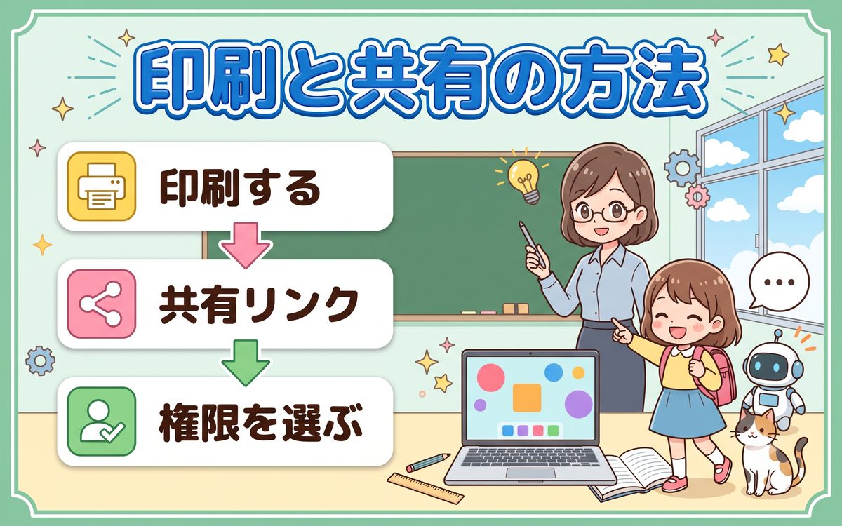 印刷と共有の方法を説明するインフォグラフィック