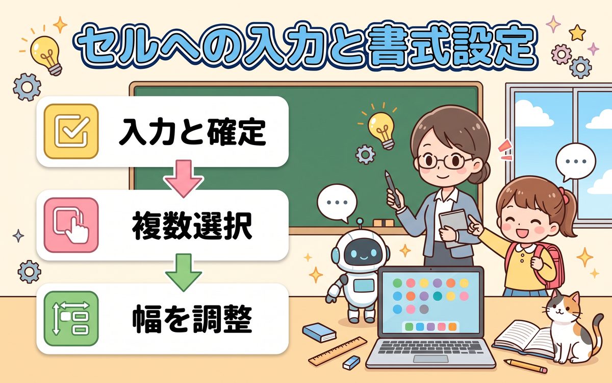 セルへの入力と書式設定を説明するインフォグラフィック