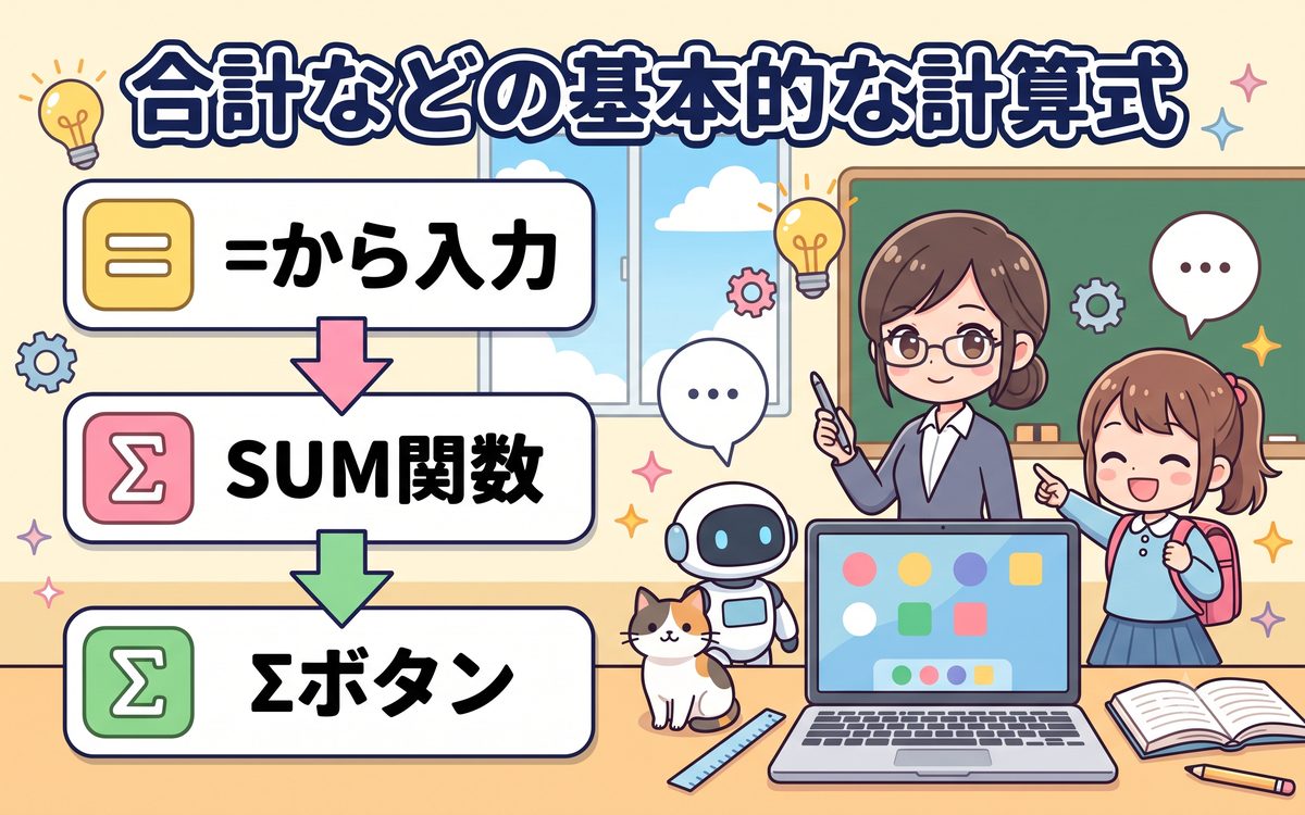 合計などの基本的な計算式を説明するインフォグラフィック