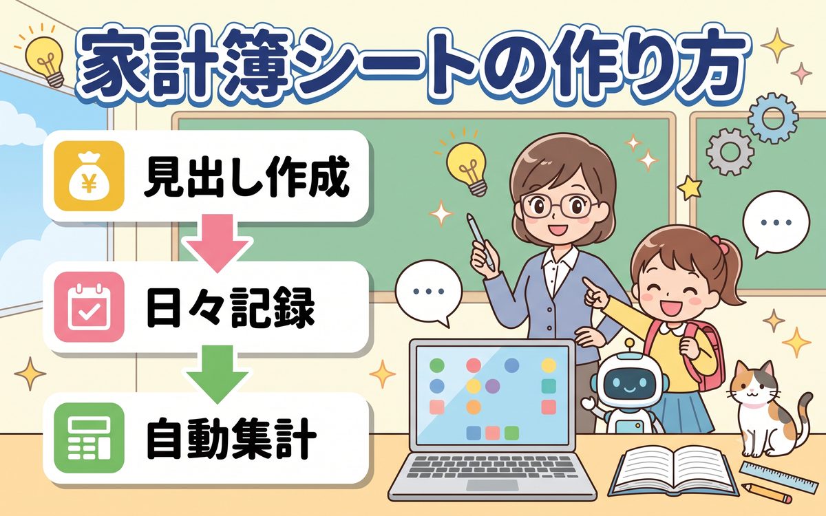 家計簿シートの作り方を説明するインフォグラフィック