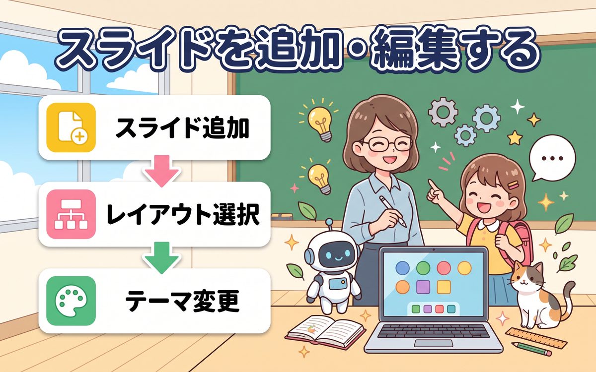 スライドを追加・編集する操作の解説イラスト