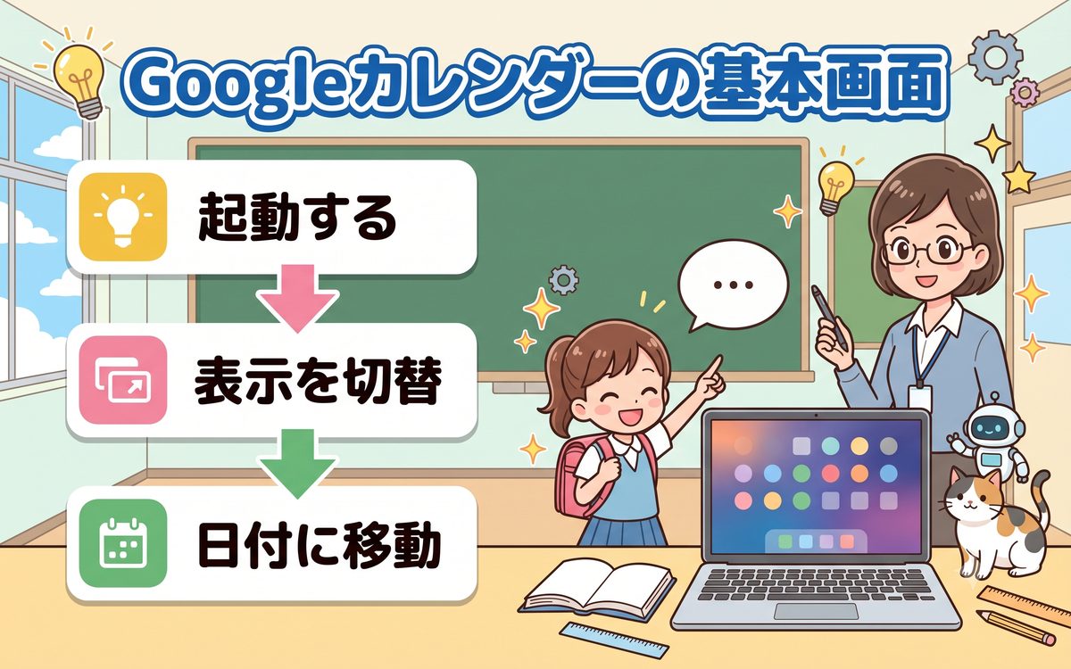 Googleカレンダーの基本画面の解説イラスト