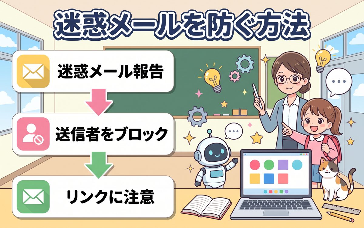 迷惑メールを防ぐ方法の解説イラスト