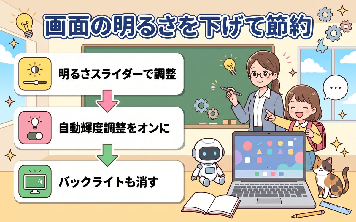 画面の明るさを下げて節約のイメージ
