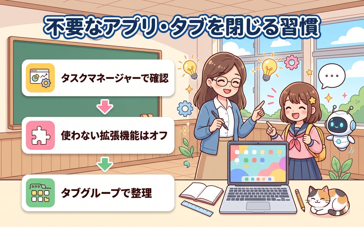 不要なアプリ・タブを閉じる習慣のイメージ