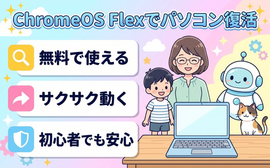 ChromeOS Flexでパソコンが復活する様子を紹介するイラスト