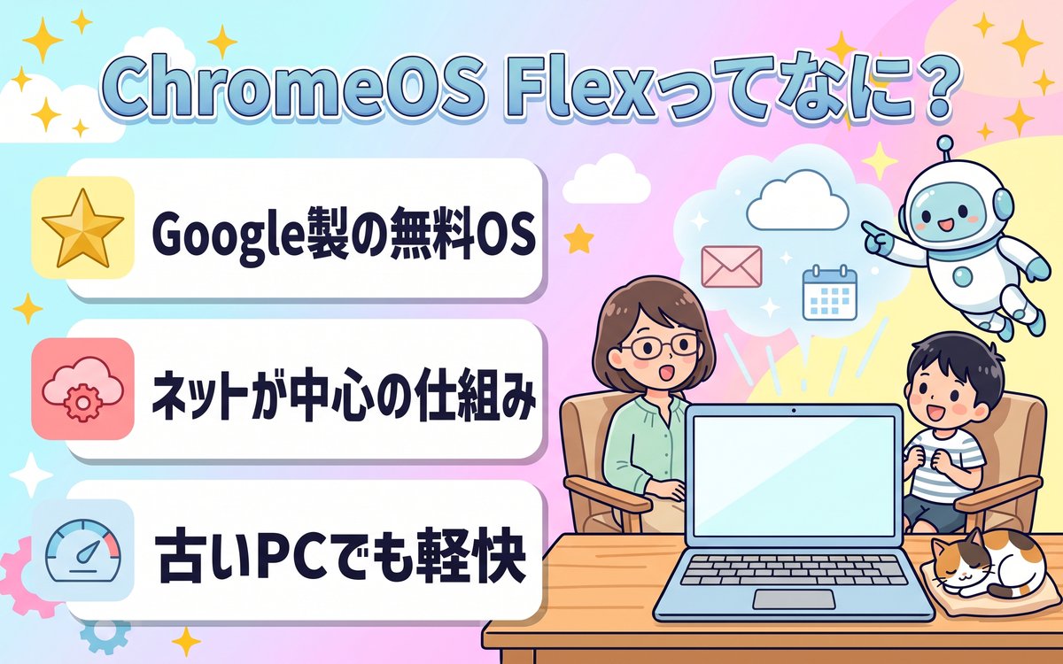 ChromeOS FlexはGoogle製の無料OS。クラウドのメールやカレンダーにつながる様子を紹介するイラスト