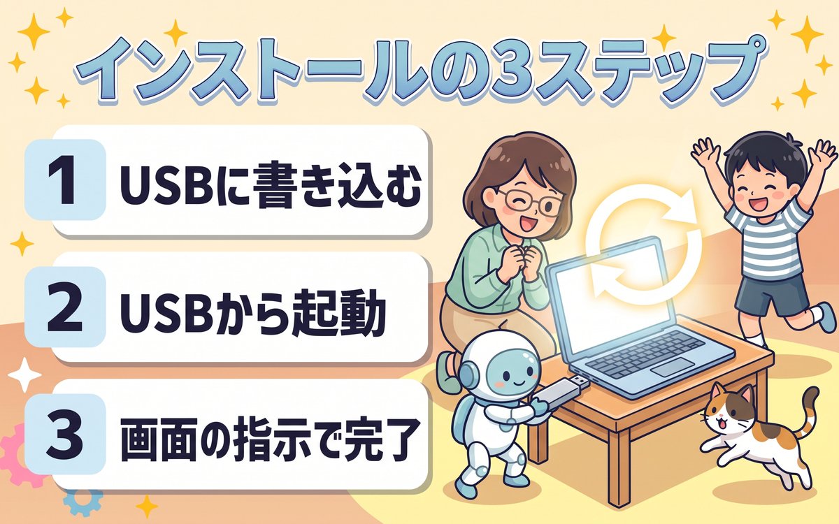 USBメモリを差し込んでChromeOS Flexをインストールする様子を紹介するイラスト