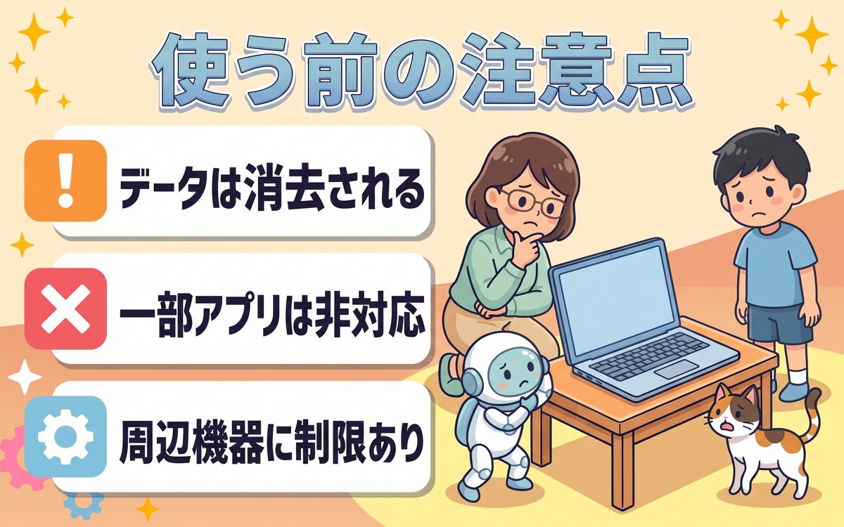 使う前の注意点（データ消去・一部アプリ非対応・周辺機器制限）を確認するイラスト