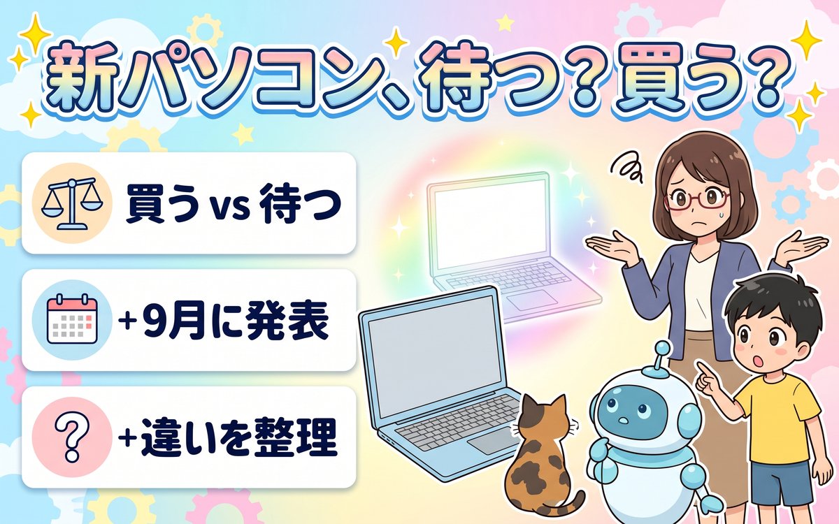 Googlebook発売直前にChromebookを買うべきか待つべきか悩む様子を紹介するイラスト