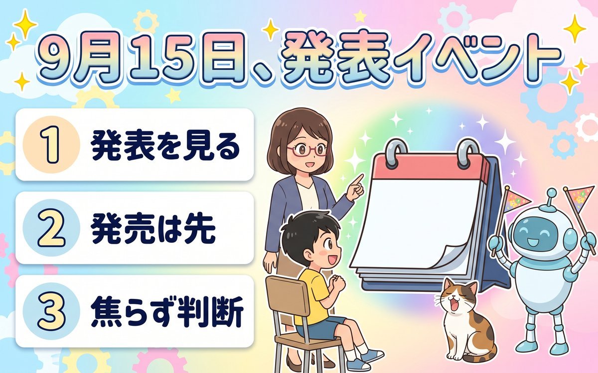 9月15日の発表イベントで分かることと焦らず判断する大切さを紹介するイラスト