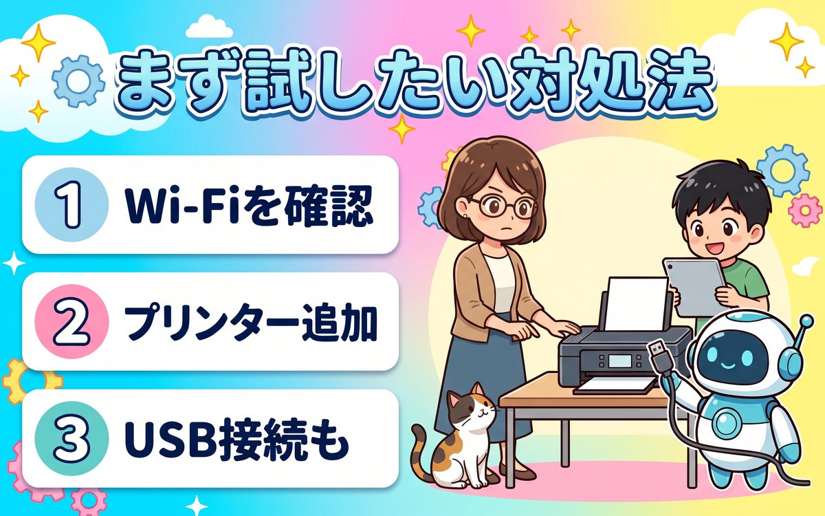 まず試したい印刷トラブルの対処法を示すインフォグラフィック