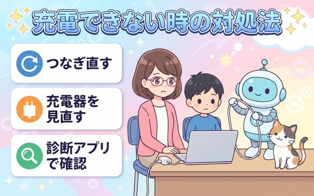 Chromebookが充電できない時の対処法（つなぎ直す・充電器を見直す・診断アプリで確認）を紹介するイラスト