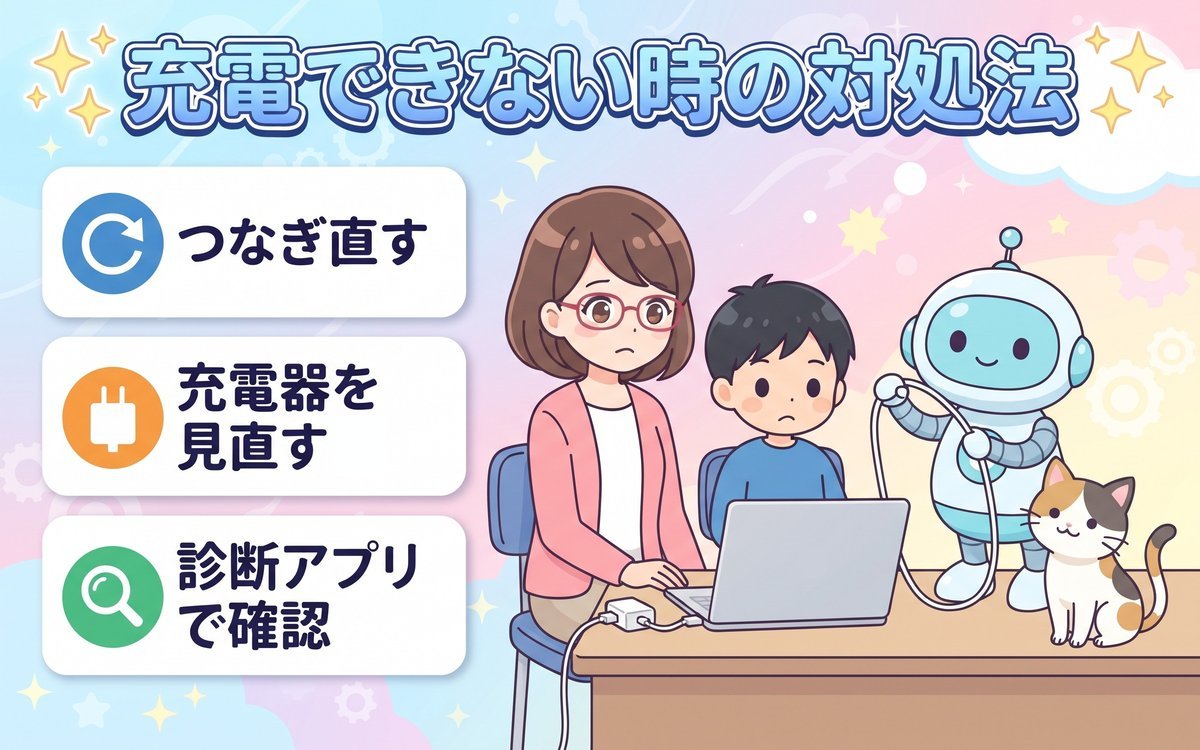 Chromebookが充電できない時の対処法（つなぎ直す・充電器を見直す・診断アプリで確認）を紹介するイラスト