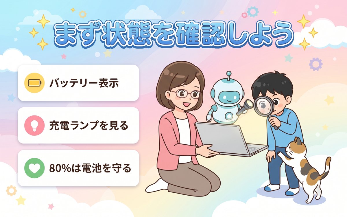 充電できているか状態を確認するポイント（バッテリー表示・充電ランプ・80%で止まる機能）を紹介するイラスト