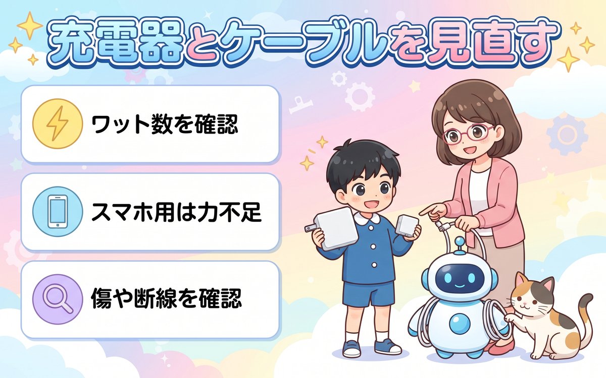 充電器とケーブルの見直し（ワット数の確認・スマホ用充電器は力不足・傷や断線の確認）を紹介するイラスト