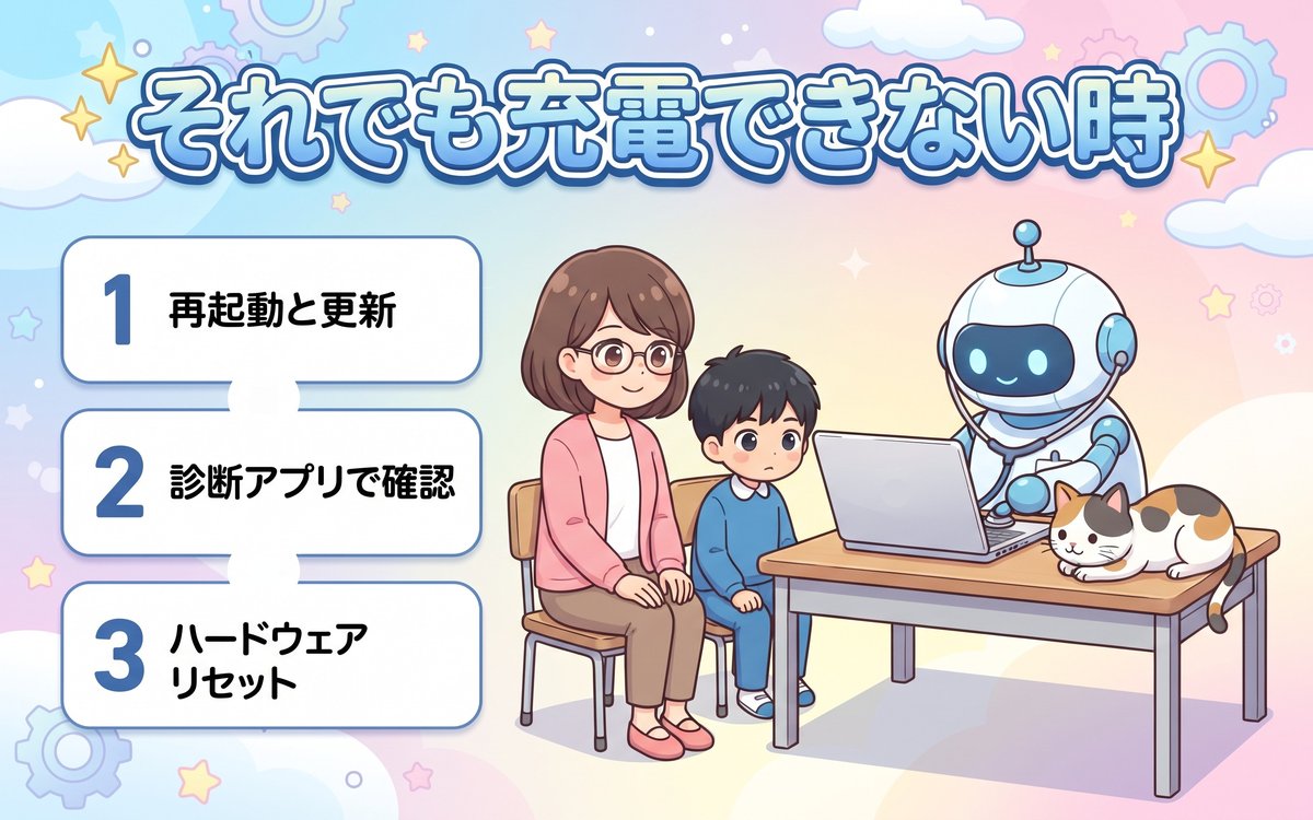 それでも充電できない時の対処法（再起動とOS更新・診断アプリ・ハードウェアリセット）を紹介するイラスト