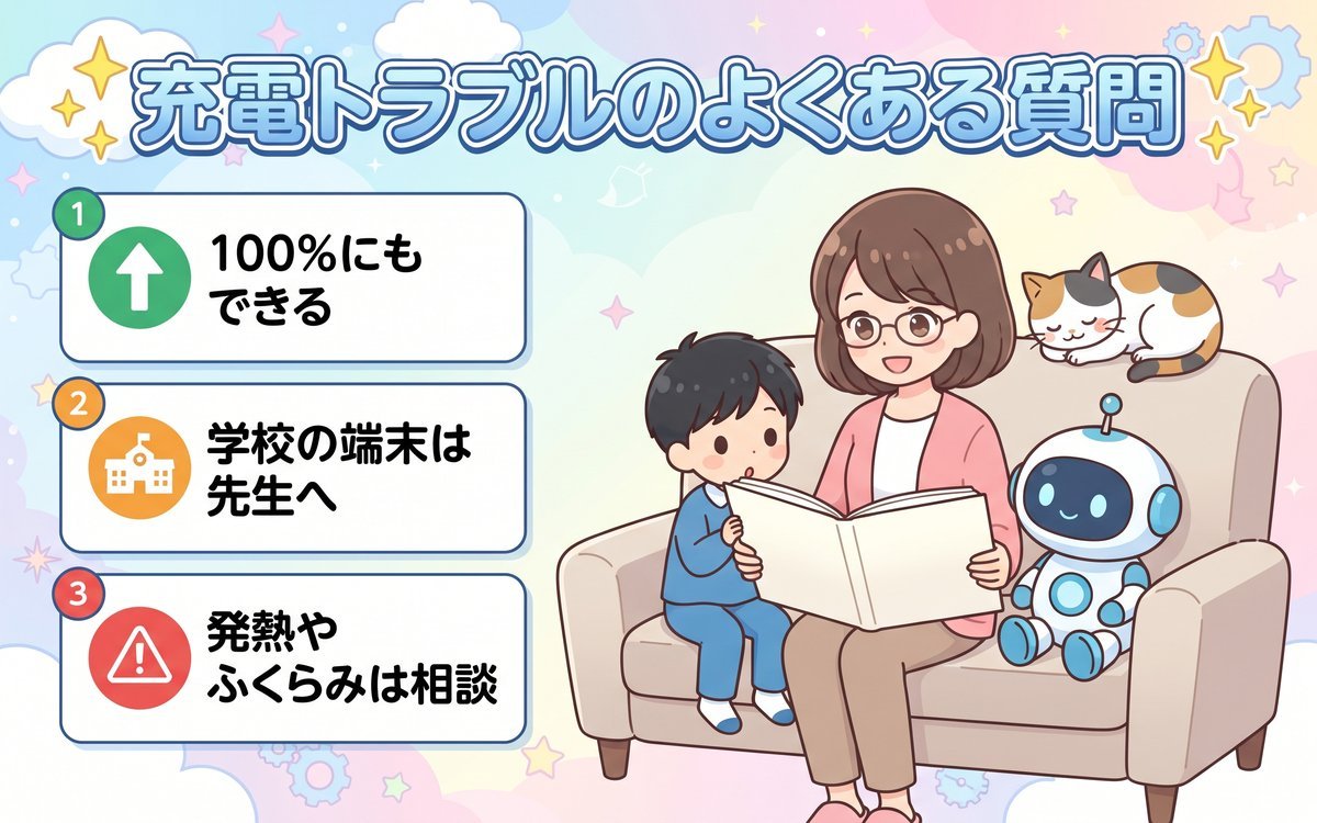 充電トラブルのよくある質問（100%まで充電する方法・学校の端末・発熱やふくらみは相談）を紹介するイラスト